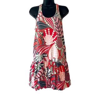 Tibi Terrycloth Bubble Hem Retro Print Razorback Mini Dress Pink Gray Green XS